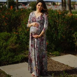 Maternity Floral Flower Long Sleeve Maxi Dress SM
